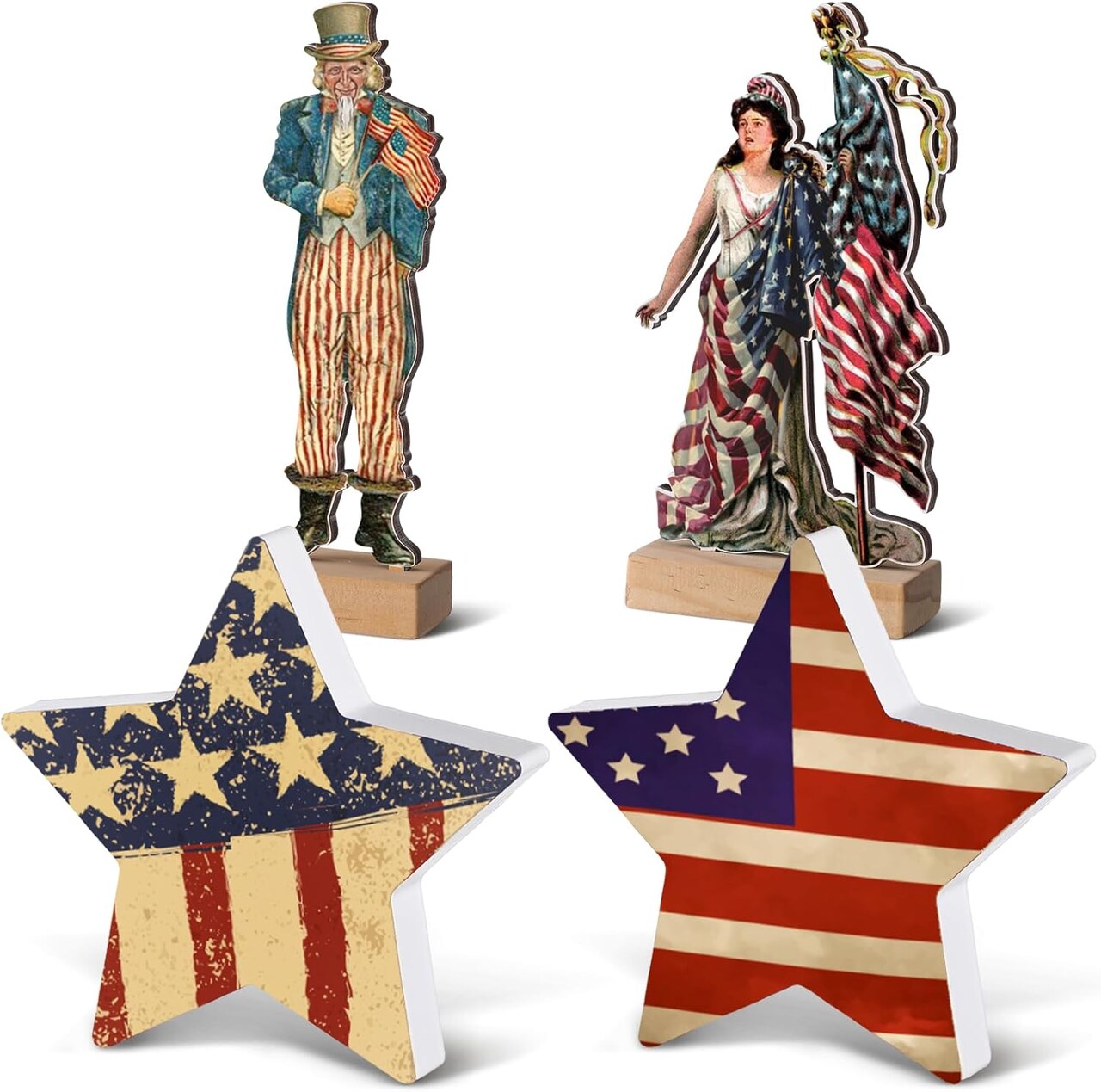 4 Pcs Veterans Day Patriotic Tiered Tray Decor Veterans wooden Tabletop Decorations Farmhouse Stars Centerpiece Wood Signs Lady Liberty Signs Standing Blocks Red White Blue(Flag)